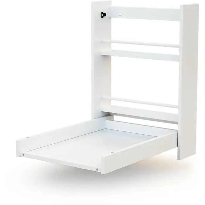 AT4 - Table à langer murale ESSENTIEL blanche | Dimensions ouverte (L x l x H) : 56 x 77,5 x 78 cm | Dimensions pliée (L x l x H) : 56 x 18 x 78 cm | 2 étagères de rangement | Facile à utiliser