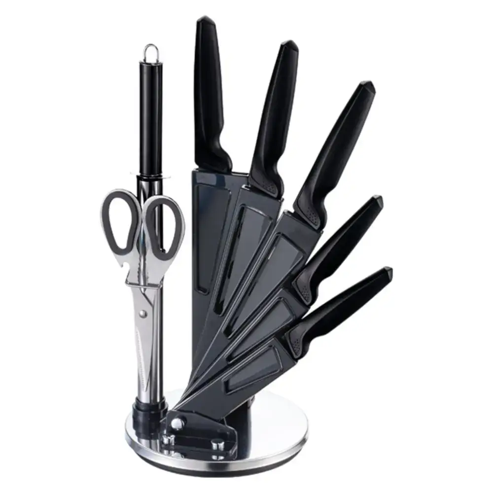 Acrylic Black Knife Block with 5 knives + sharpening tool + scissors Michelino