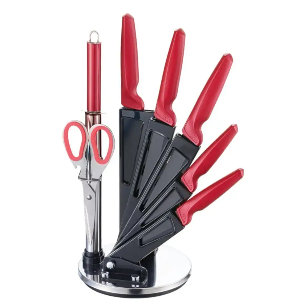 Acrylic Red Knife Block with 5 Knives + Sharpener + Scissors Michelino