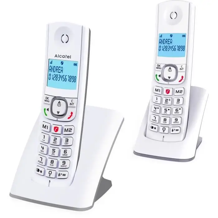 ALCATEL F530 Duo - Téléphone Fixe Sans Fil DECT - Grand Écran Rétroéclairé - Mains Libres - Fonction Blocage Des Appels - 2 Touches De Mémoires Directes - 2 Combinés - Blanc/Gris