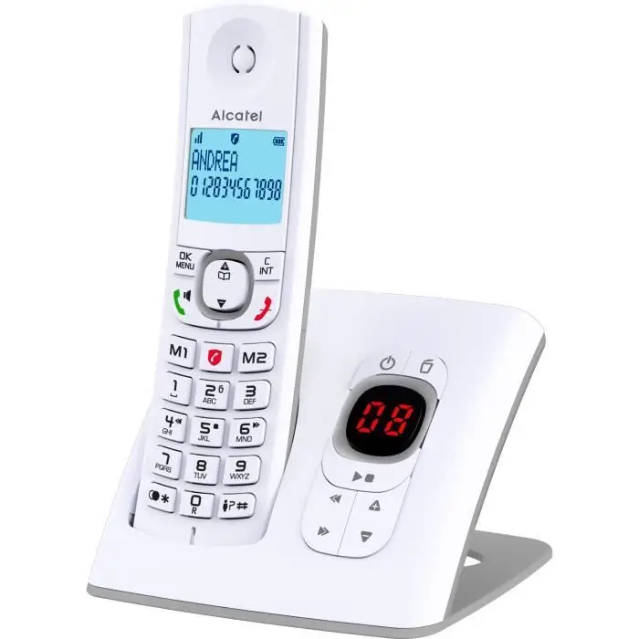 ALCATEL F530 Voice - Téléphone Fixe Sans Fil DECT Avec Répondeur - Grand Écran Rétroéclairé - Mains Libres - Fonction Blocage Des Appels - 2 Touches De Mémoires Directes - Blanc/Gris