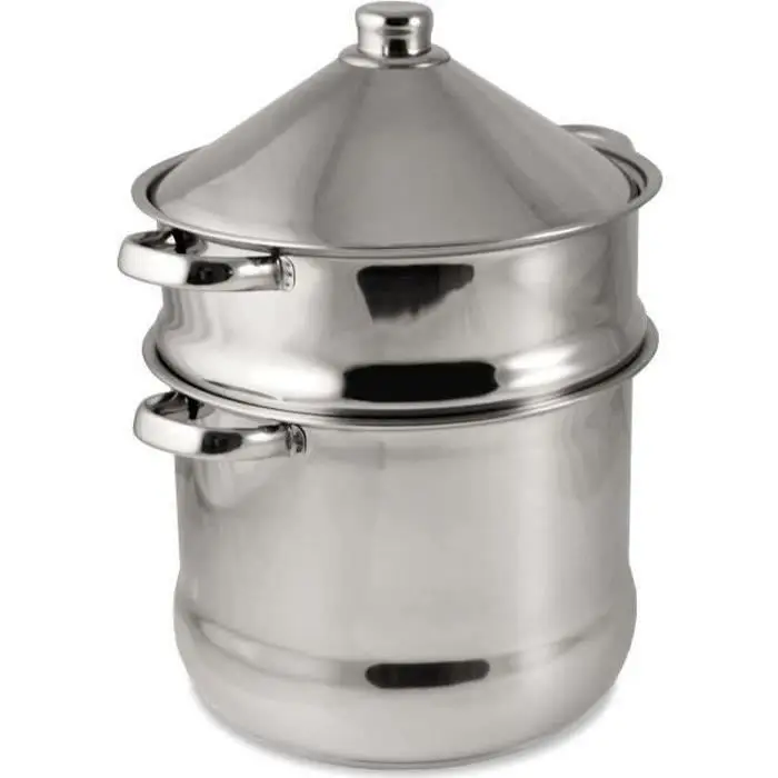 BAUMALU - Couscoussier Tajine en Acier Inoxydable - Couvercle et Poignées Inox - Tous Feux dont Induction - Triple Fond Diffuseur - Ø24cm, 14L, Argenté