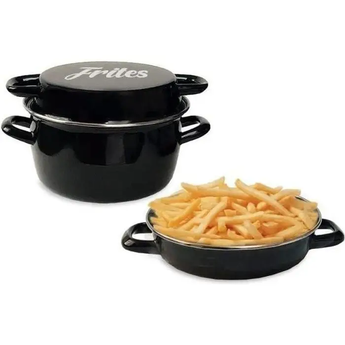 Baumalu - Friteuse coloris noir décor frites 26 cm couvercle émail et panier, BAU3216383111555