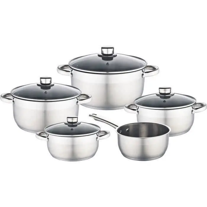 Baumalu, Batterie 9 Pièces INOX en Acier Inoxydable, Couvercle en Verre avec Bord Inox et Trou Vapeur, Compatible Tous Feux et Induction, Résistant au Lave-Vaisselle