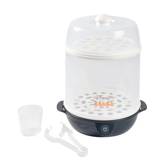 BÉABA, Stérilisateur Biberons 2 en 1, Evolutif, Électrique à Vapeur, 2 en 1, 2 Compartiments, Jusqu'à 8 biberons & Accessoires, Ultra rapide, Minuterie, Stéril'Express, Night Blue