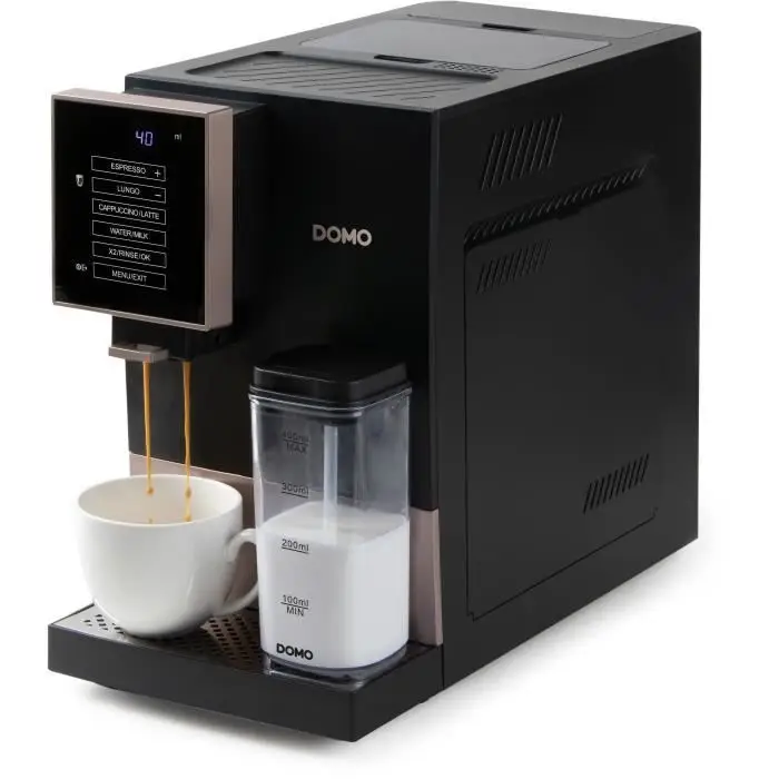 DOMO DO743K Machine à Expresso Entièrement Automatique avec carafe à lait intégrée - 1 touche bean to cup - Entièrement personnalisable - Espresso, Americano, Lungo, Cappuccino, Latte - 19 bars