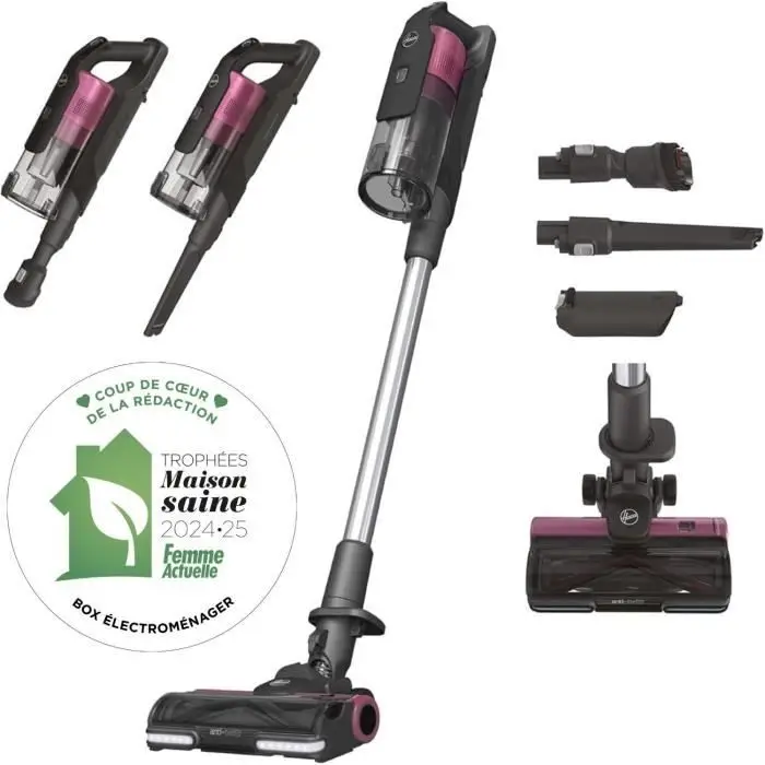 Hoover HF920H Aspirateur Balai sans Fil Puissant Mode Turbo 130AW, Batteries X2 Autonomie 60min, Ecran LED,Brosse Anti-Twist Eclairage LED, Accessoire 2en1 Multi-Surfaces, Position Parking,Rose Métal