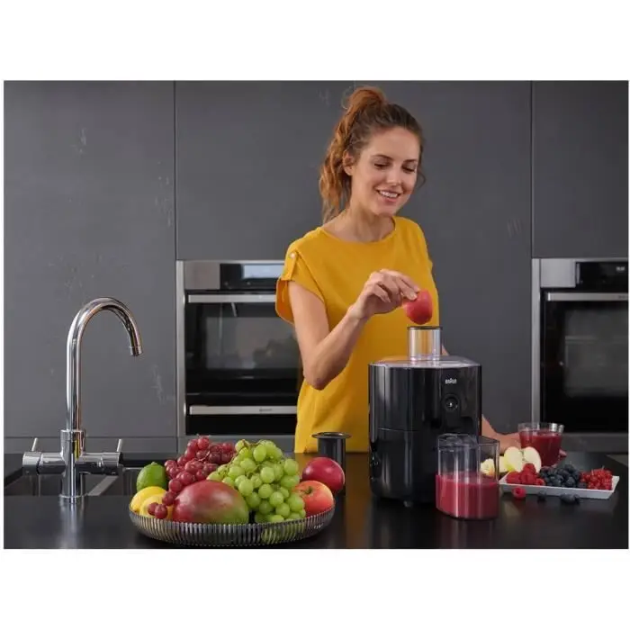 Braun PurEase SJ 3100 BK Centrifugeuse pour jus faits maison, grand puits de remplissage pour fruits entiers, avec technologie ColdXtract pour préserver les vitamines, 500 W, noir