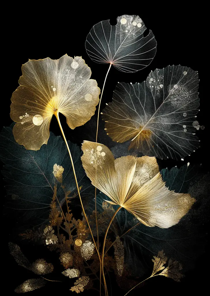 Αφίσα Golden Leaves And Seeds σε σκούρο φόντο, ξύλινη κορνίζα με passe-partout χρώμα φυσικό